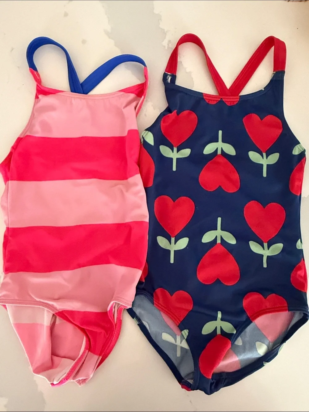 Mini Boden Kids One-Piece Swimsuit - Pink Stripes & Navy Heart Floral Set